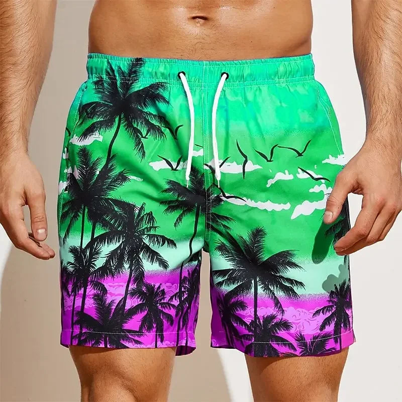 202& Summer Oversized Casual Men's Drawstring Shorts Quick Dry Hawaii Holiday Sports Swimming Trunks Coconut Tree Printed Shorts