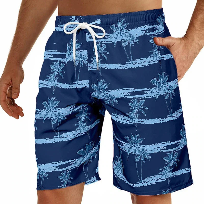 202& Summer Oversized Casual Men's Drawstring Shorts Quick Dry Hawaii Holiday Sports Swimming Trunks Coconut Tree Printed Shorts