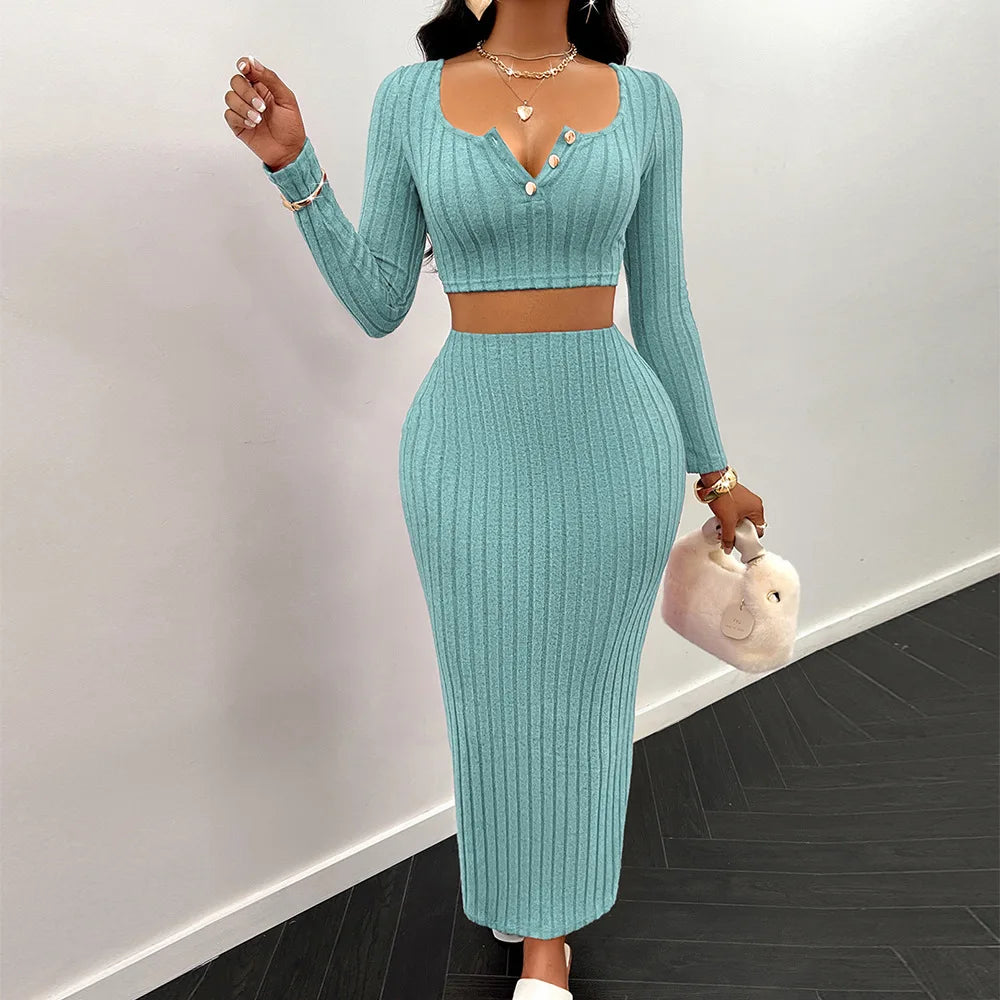 Two Piece Sets Women Skirt Set Full Sleeve Dress Sets Sexy U Neck Bodycon Short Tops Long Skirts Elegant Splice High Waist somè