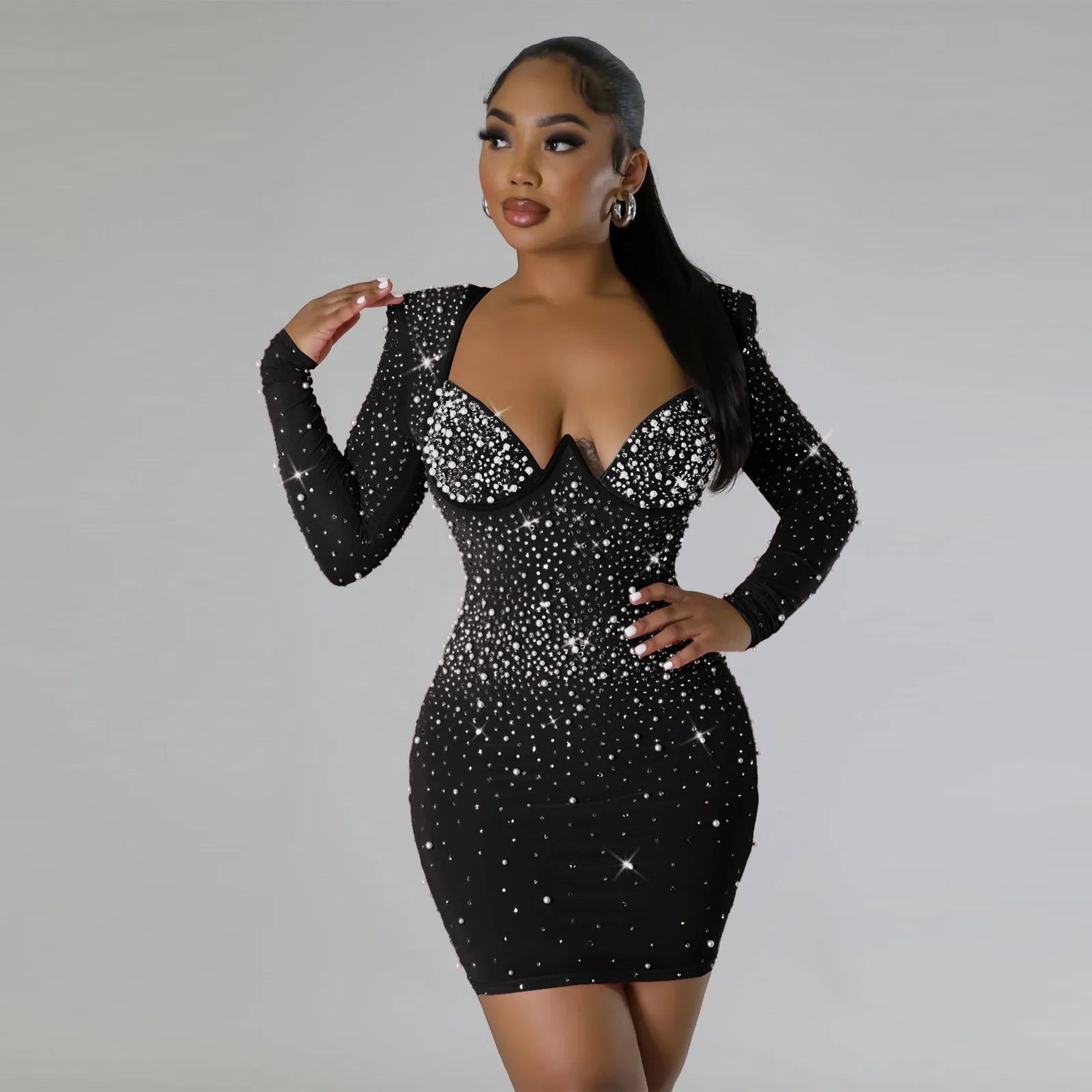 Sexy Sequined Rhinestone Bodycon Dress For Women 2025 New Long Sleeved V-Neck Party Dresses Elegant Evening Prom Gown Vestidos kpy