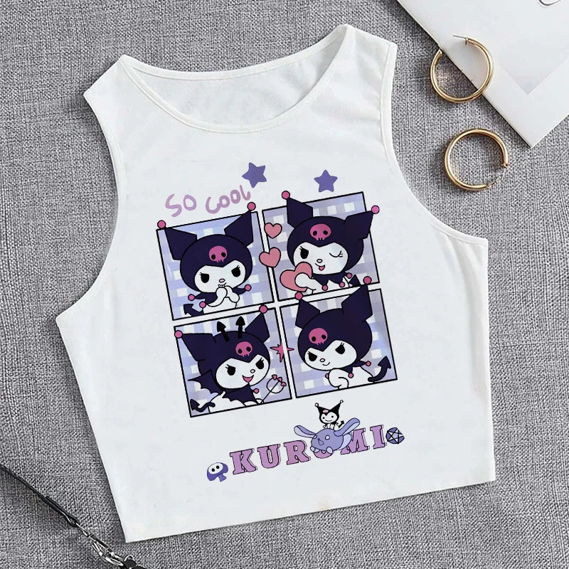 Y2K Vest Crop Top Kuromi T Shirt Cropped Sanrio Kuromi Women Manga T-shirt somè