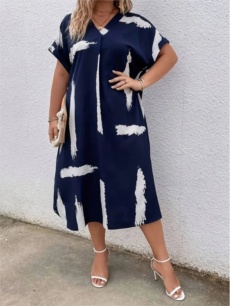 Plus Size Summer V-Neck Midi Dress Women Striped Graffiti Print Fashion Ladies Dresses Casual Loose Pleated Woman Dress somè
