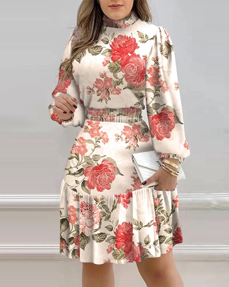 Autumn Women Floral Print Shirred Ruffle Dress  Femme Casual Lantern Sleeve Robe Office Lady Dress Outfits Traf Vestid somè