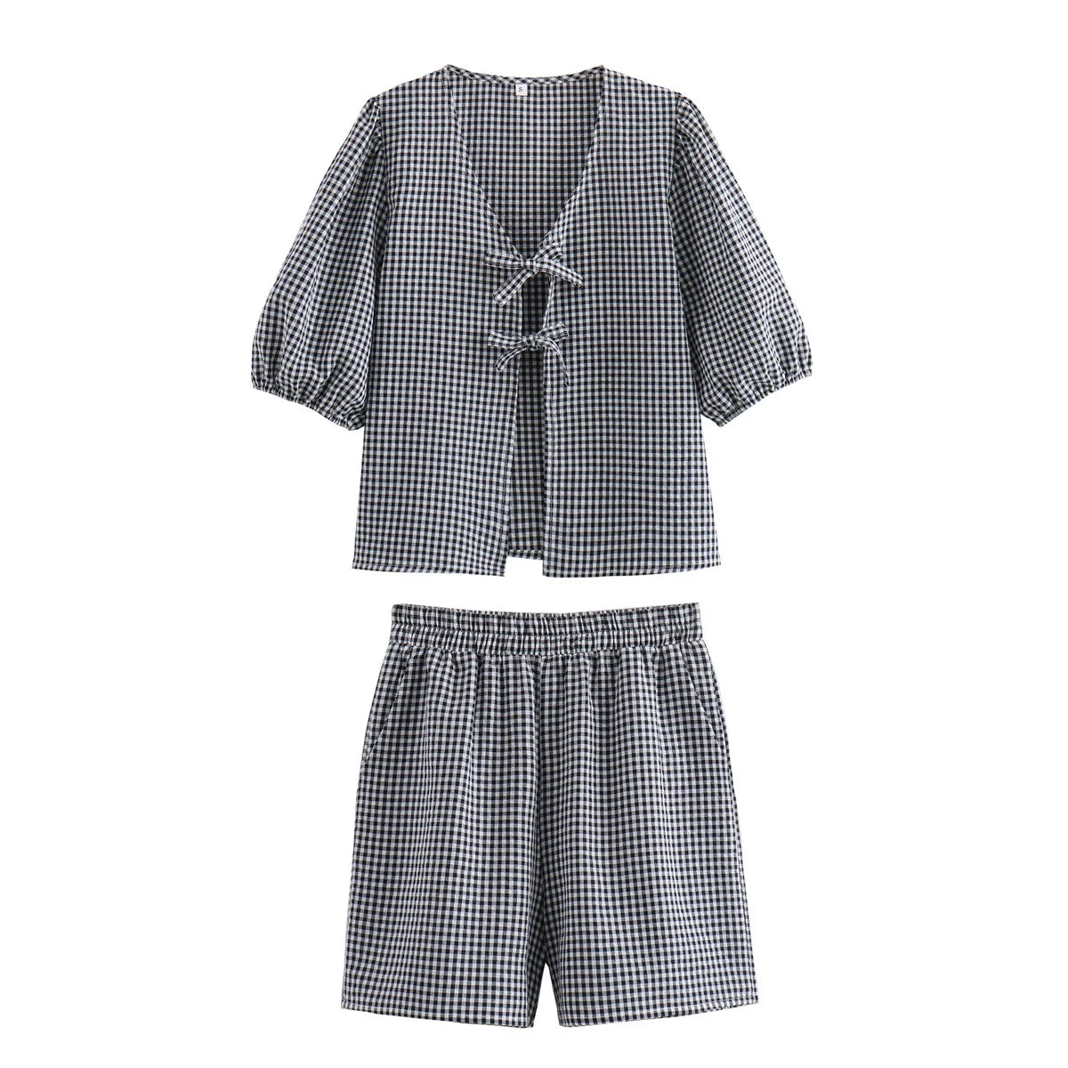 Casual Women Bow Plaid Short Shirt Shorts Suit Female Lace Up Short Sleeve Shirt Top Elastic Waist Loose Shorts Sets somè