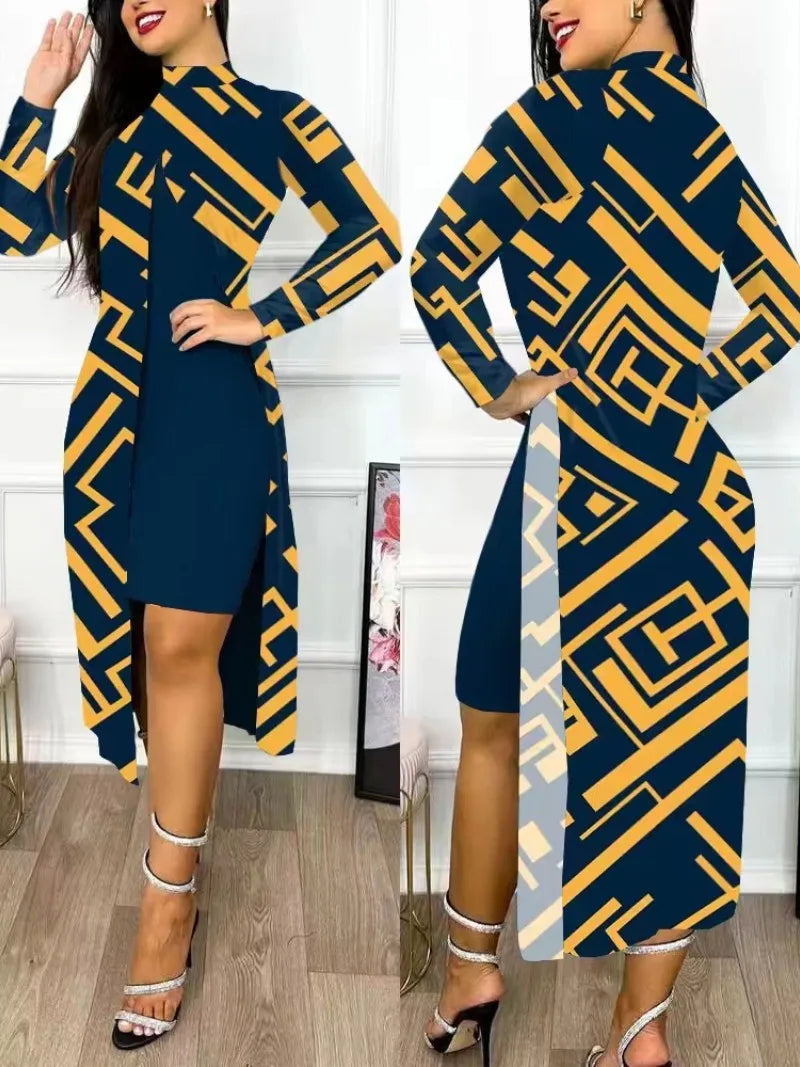 Two Piece Set Women Print Dresses Sets Full Sleeve Half High Collar Split Cardigan Dress Suits Elegant A Line Office Lady wowo