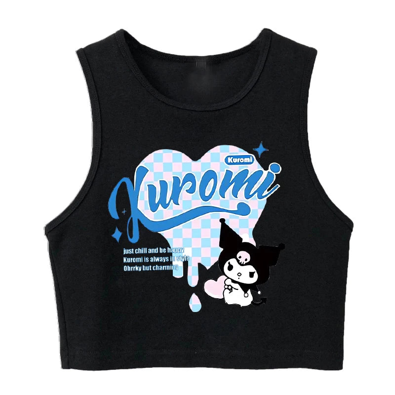 Y2K Vest Crop Top Kuromi T Shirt Cropped Sanrio Kuromi Women Manga T-shirt somè