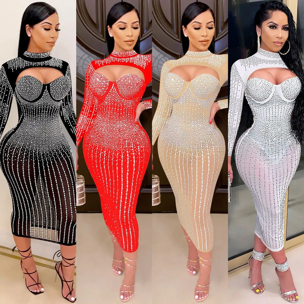 Cross-Border New Product Women's Party Nightclub Mesh Transparent Rhinestone Inlaid Diamond Tank Dress kpy