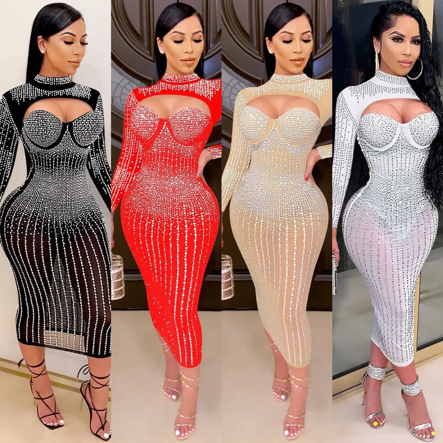 Cross-Border New Product Women's Party Nightclub Mesh Transparent Rhinestone Inlaid Diamond Tank Dress kpy