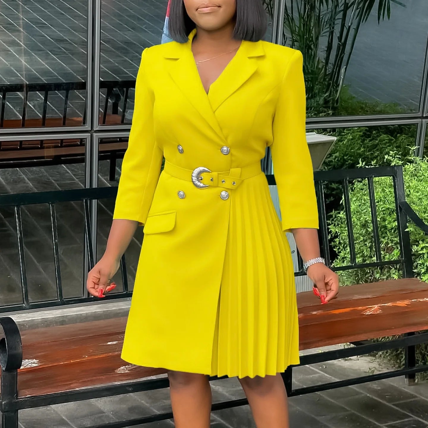 Elegant Blazer Dresses for Woman Notched Collar Full Sleeve Double Breasted Fashion Ladies Autumn Fall Daily Wear Pleated Dress klt