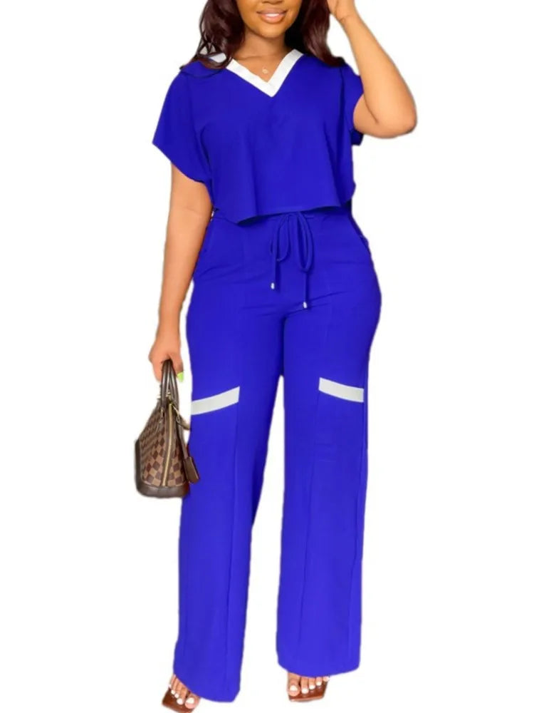 Elegant Women's Casual Short Sleeve T-shirt Sports Suit Summer Fashion Solid V Neck Short Top & Straight Pants Two Piece Sets somè