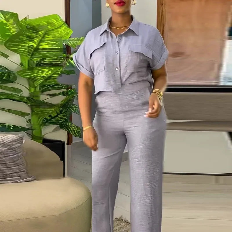 Women's Two Piece Sets Spring Summer Casual Solid Turn-down Neck Short Sleeve Loose Top & Wide Leg Pants Set  Streetwear Outfits somè