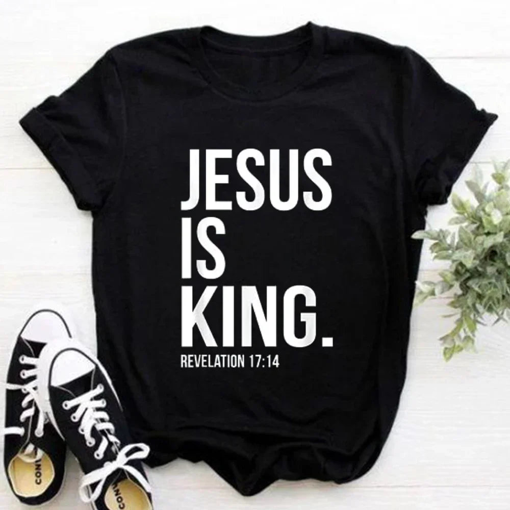 202& Jesus Is King Letter Print Women T-shirt Christian Faith Hope Love Harajuku T Shirts Religion O-neck Tops Tees Streetwears