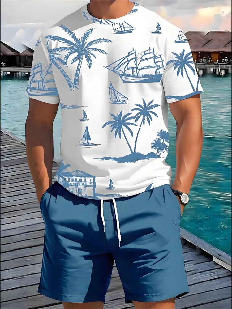 2 Piece Summer Casual Everyday Men's Short Sleeve Shorts Set Hawaiian Print Men's T-shirt Outdoor Sports Men's Beach Shorts 202&