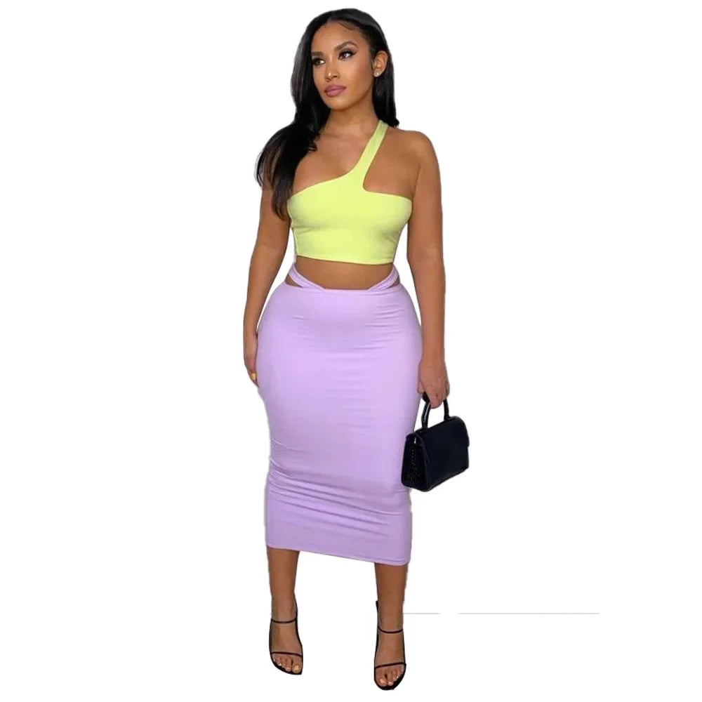 Women Two 2 Piece Set Outfits 2022 Summer One Shoulder Crop Top and Midi Skirt Chic Matching Outfit somè