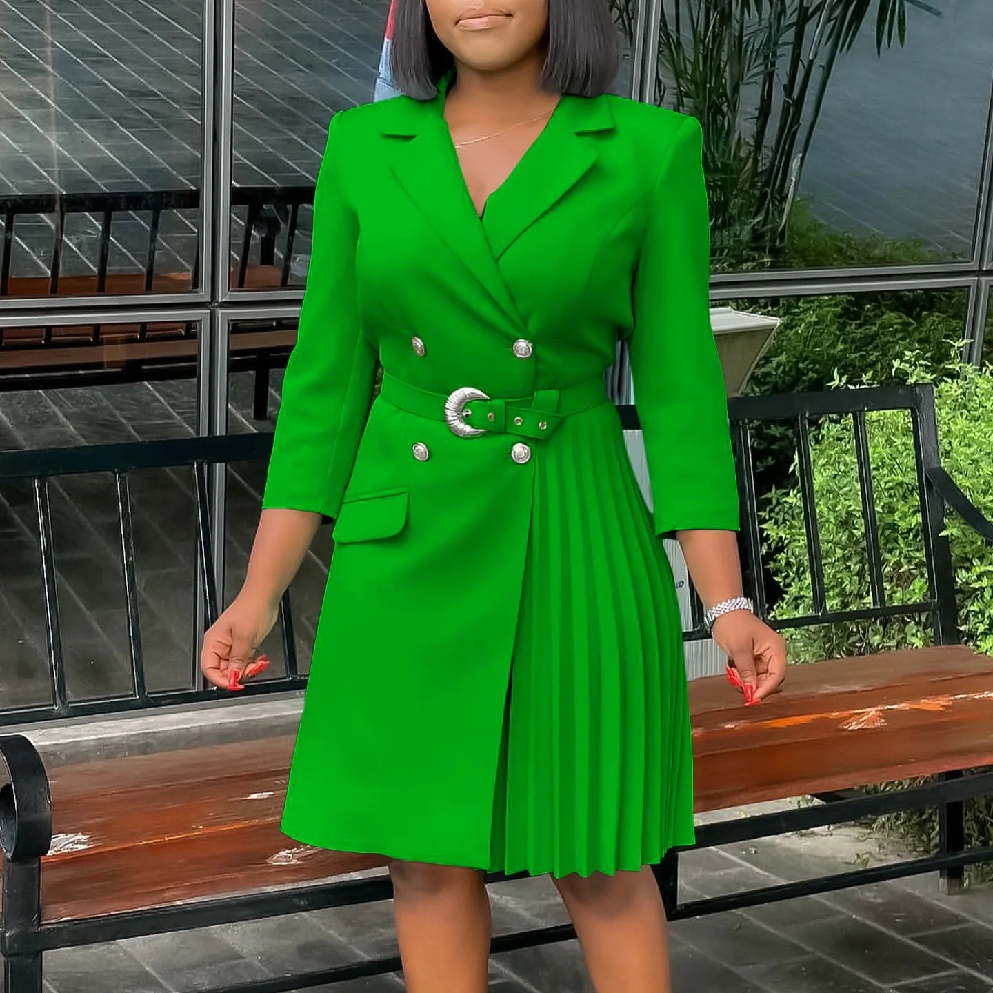 Elegant Blazer Dresses for Woman Notched Collar Full Sleeve Double Breasted Fashion Ladies Autumn Fall Daily Wear Pleated Dress klt