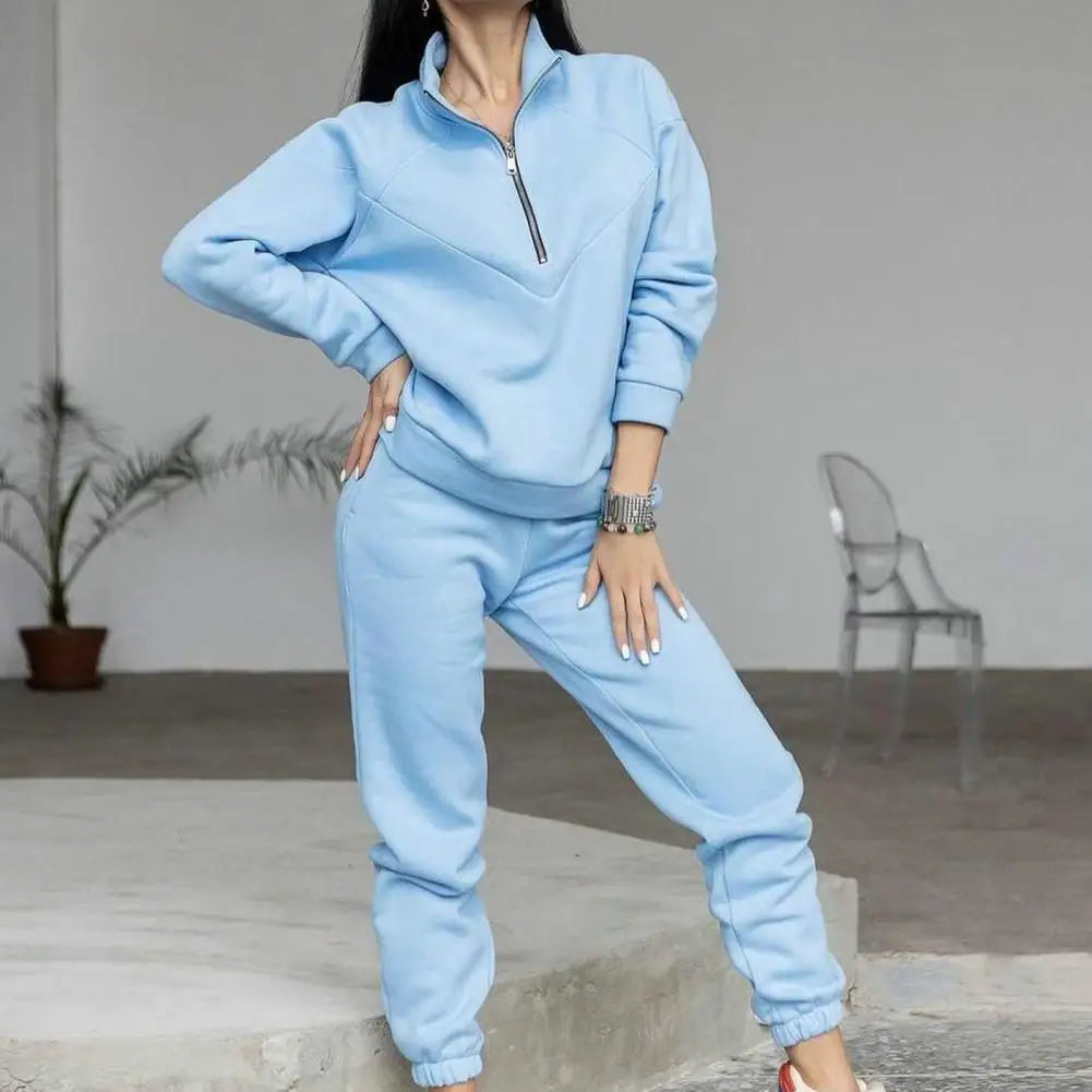 2 Pcs/Set Fall Sweatshirt Pants Set Loose Warm Stand Collar Elastic Waist Lady Autumn Tracksuit for Daily Wear Gs