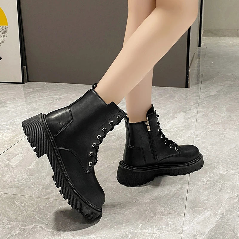 Winter Thicken Plush Ankle Boots Women New Warm Pu Leather Snow Boots Woman Black Winter Lace-Up Flat Heels Cotton Shoes kodez