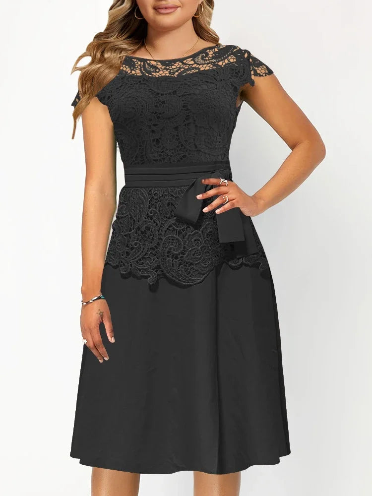 Classy Vintage Women Party Dress O Neck Lace Patchwork Sash Waist Slim Office Daily Formal Occasion Clothing Big Size 5XL New dan