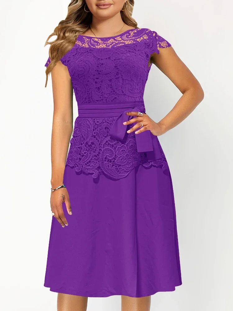 Classy Vintage Women Party Dress O Neck Lace Patchwork Sash Waist Slim Office Daily Formal Occasion Clothing Big Size 5XL New dan