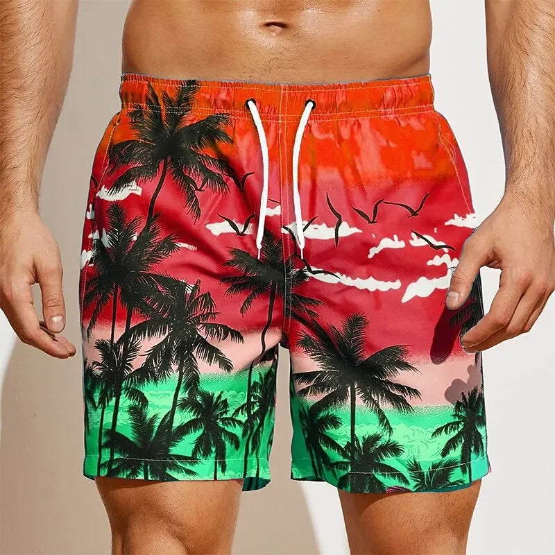 202& Summer Oversized Casual Men's Drawstring Shorts Quick Dry Hawaii Holiday Sports Swimming Trunks Coconut Tree Printed Shorts