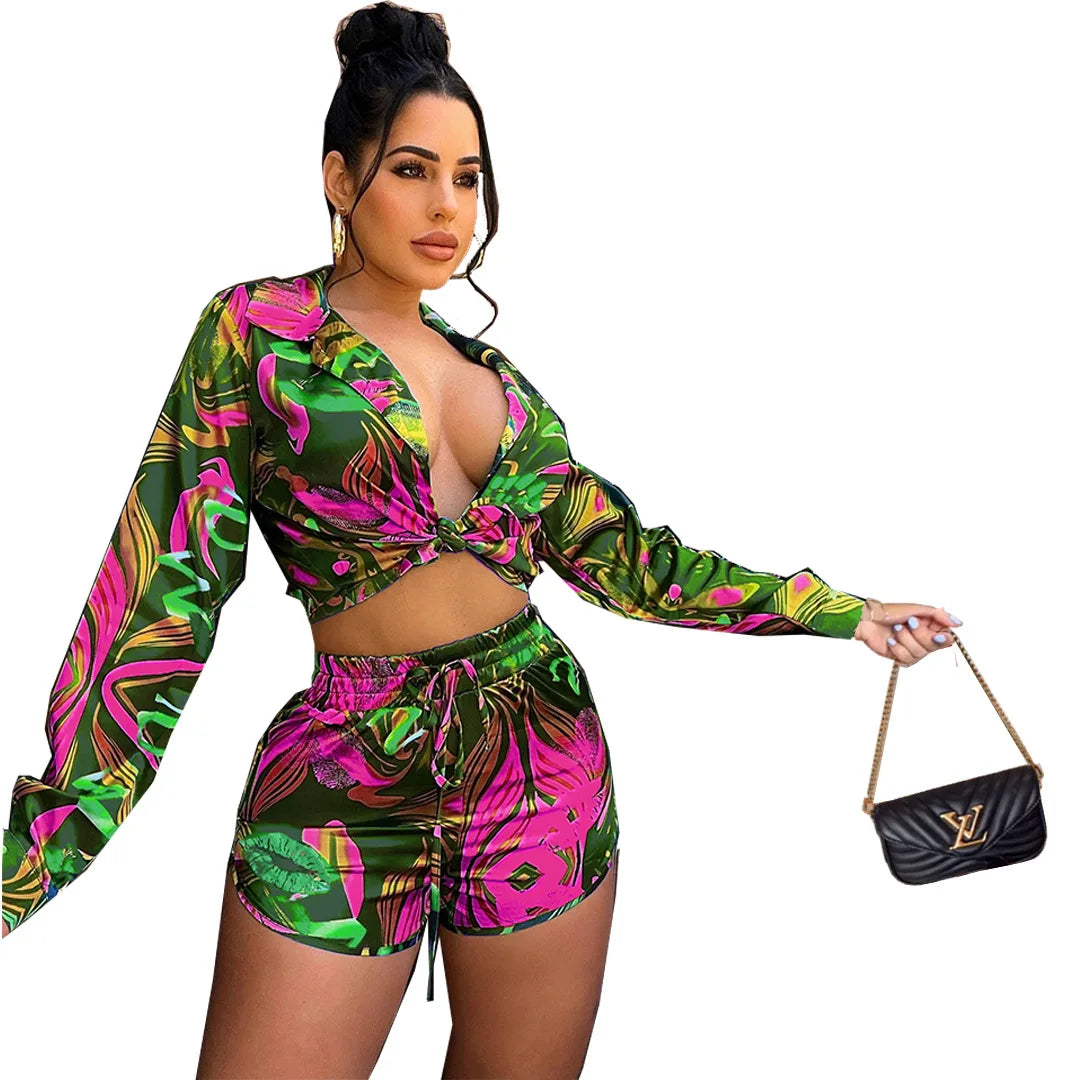 CM.YAYA Elegant Wave Striped Women's Set Long Sleeve Shirt and Shorts INS Chic Street Fashion Tracksuit Two 2 Piece Set Outfits