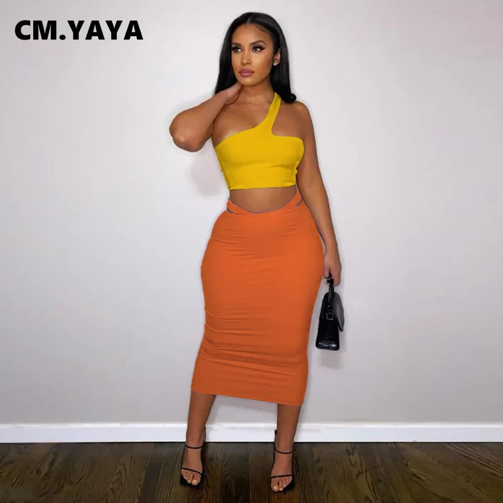 Women Two 2 Piece Set Outfits 2022 Summer One Shoulder Crop Top and Midi Skirt Chic Matching Outfit somè