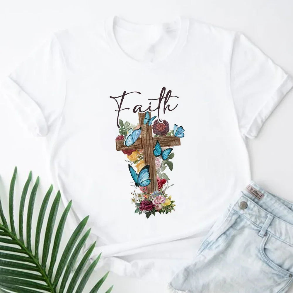 202& Jesus Is King Letter Print Women T-shirt Christian Faith Hope Love Harajuku T Shirts Religion O-neck Tops Tees Streetwears