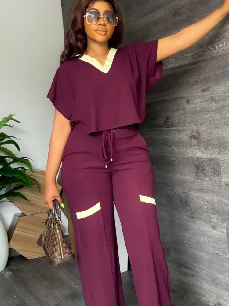 Elegant Women's Casual Short Sleeve T-shirt Sports Suit Summer Fashion Solid V Neck Short Top & Straight Pants Two Piece Sets somè