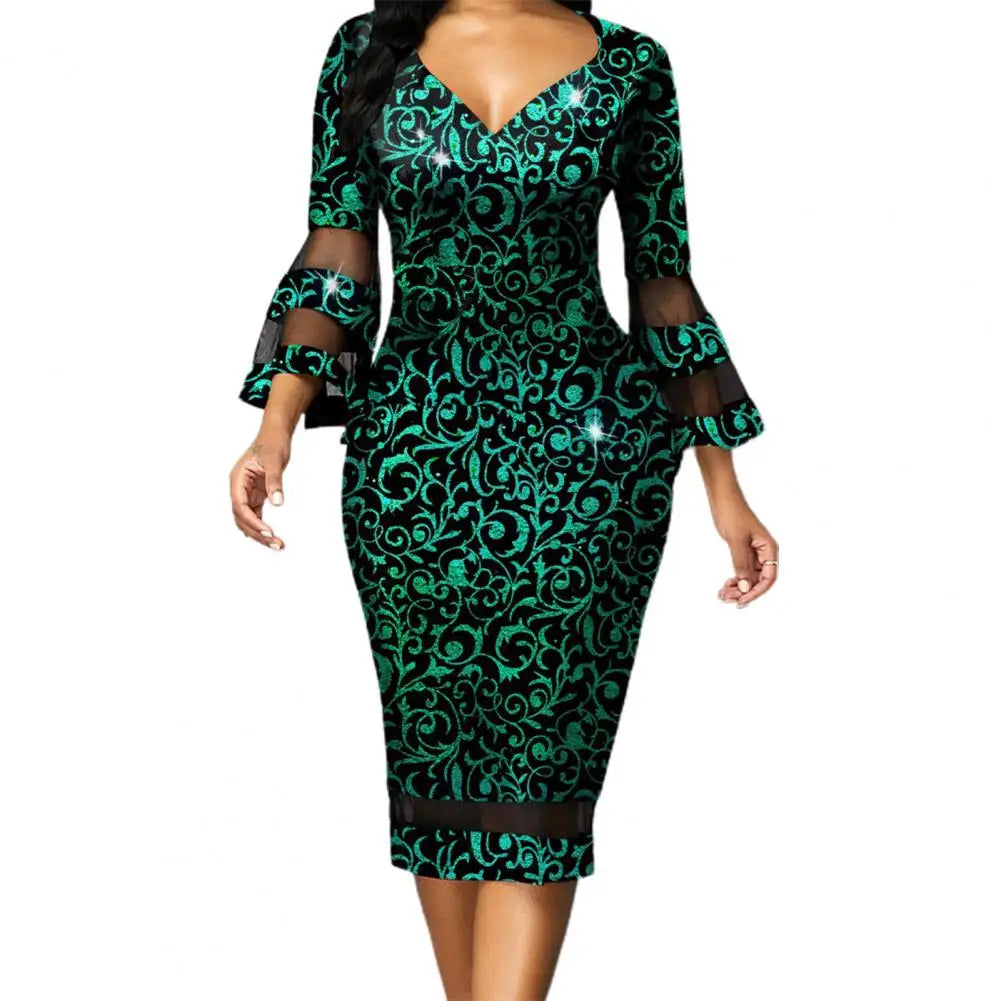 Midi Dress Beautiful Waist Tight Women Dress 3/4 Flare Sleeve Elegant Skinny Dress for Daily Wear