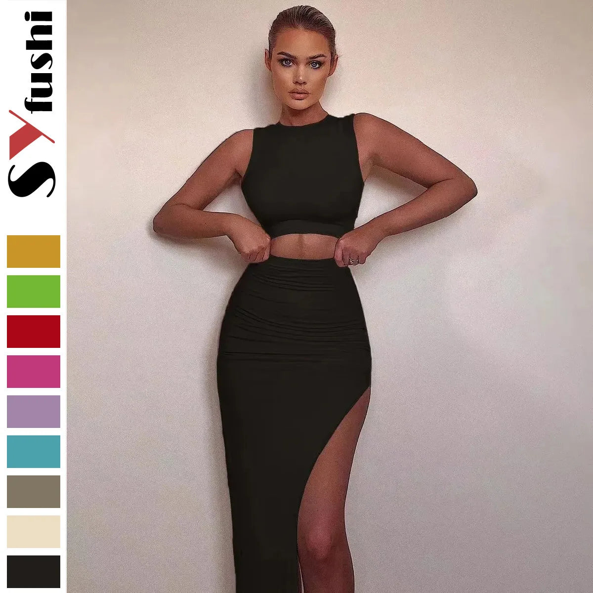 Two Piece Set Women Sleeveless Cropped Top Package Hip Slit Skirts 2 Piece Sets Trendy Lady Clothing somè