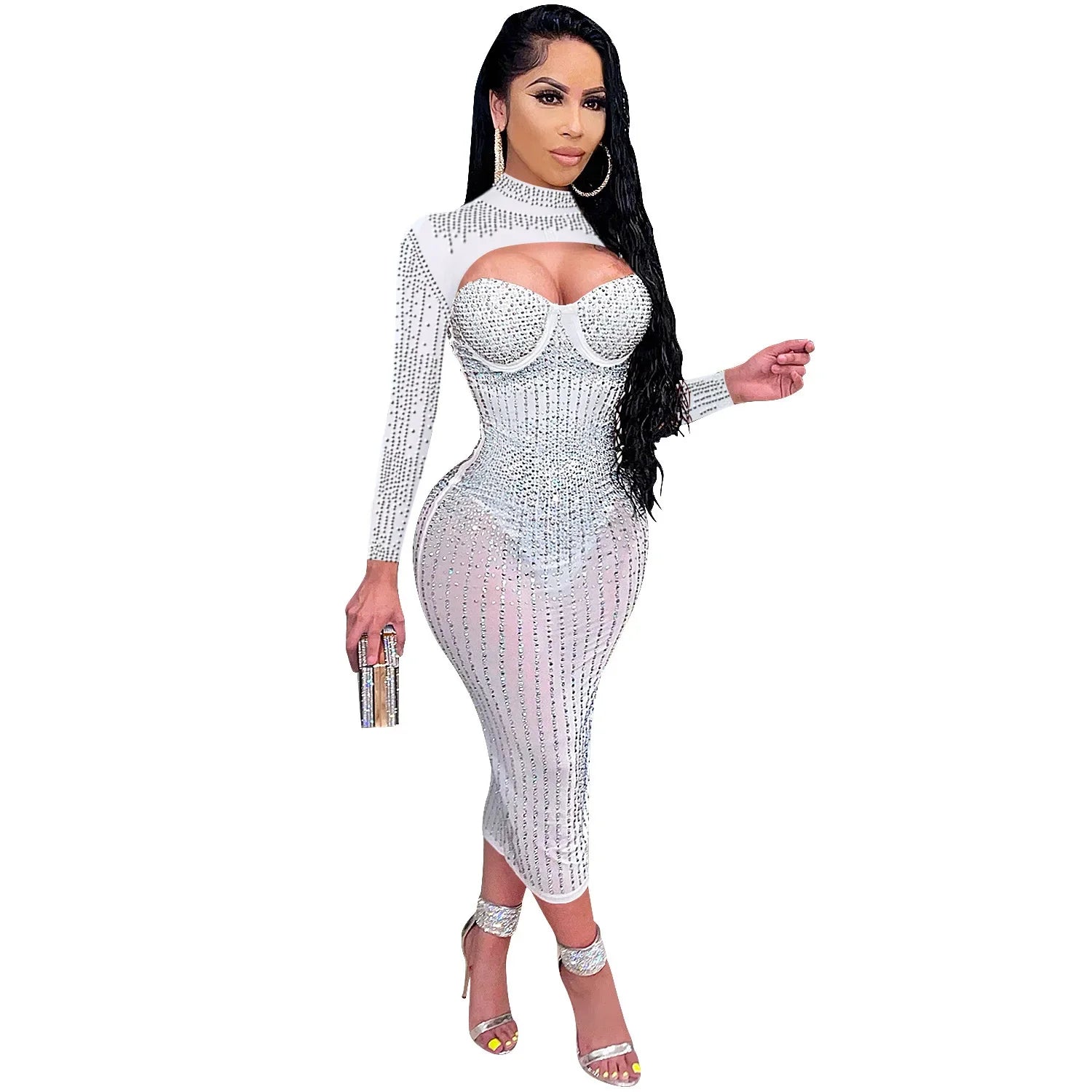 Cross-Border New Product Women's Party Nightclub Mesh Transparent Rhinestone Inlaid Diamond Tank Dress kpy