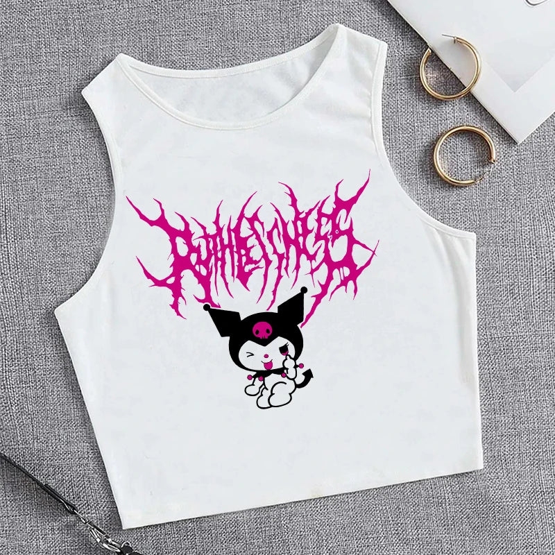 Y2K Vest Crop Top Kuromi T Shirt Cropped Sanrio Kuromi Women Manga T-shirt somè