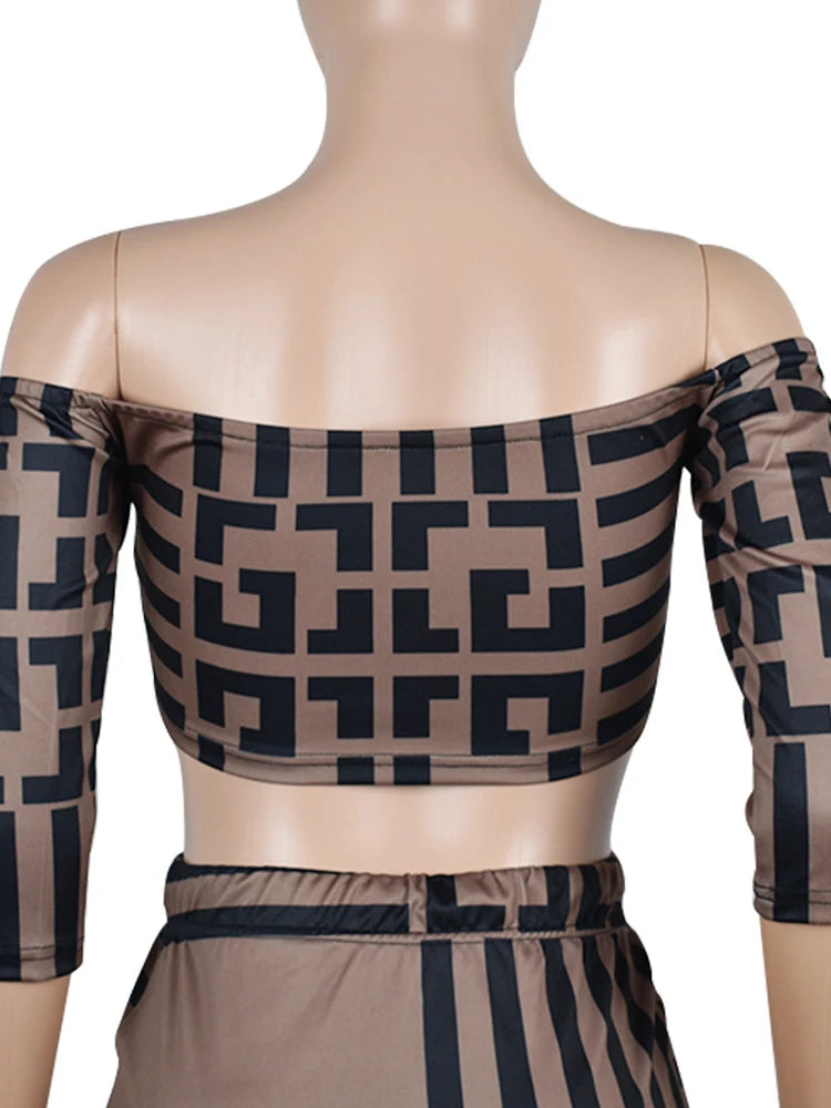 Two Piece Sexy Women's Printed Dress, Summer Long Sleeved Slim Fit One Line Collar, Elegant Party Club Party Mini Skirt Y2k Set