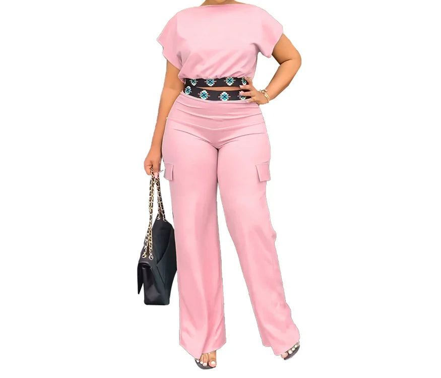 Two Piece Sets Women Outifit Summer Fashion Geometric Print Boat Neck Short Sleeve Crop Top & Casual Pocket Daily Pants Set somè