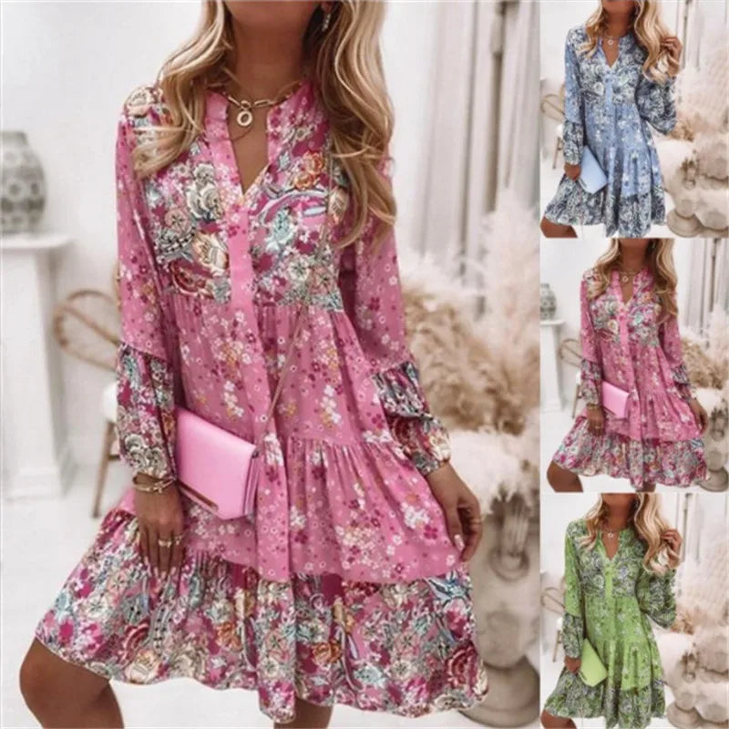 Casual Floral Print Dresses For Women  Sping Summer Boho V Neck Loose A Line Dress Elegant Beach Party Dress Robe Femme somè