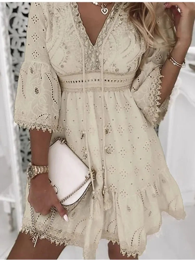 Elegant Women White Hollow Lace Mini Dress Summer V-neck Patchwork Lace Up Three Quarter Sleeve Ladies Vacation Beach Dresses somè