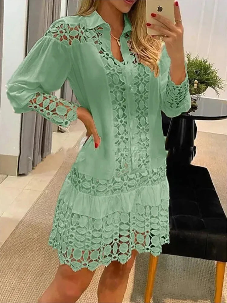 Spring Summer New Long Sleeve For Women's Dresses Solid Color Lace Splicing Fashion Cutout Shirt Elegant Female Sexy Dress somè