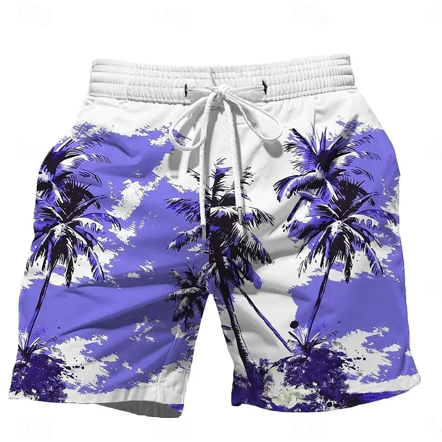 202& Summer Oversized Casual Men's Drawstring Shorts Quick Dry Hawaii Holiday Sports Swimming Trunks Coconut Tree Printed Shorts