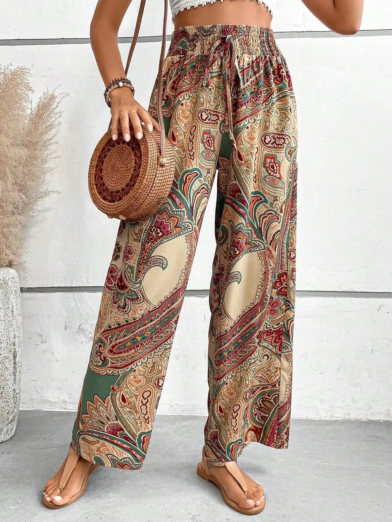 Women's thigh pants flower 2024 summer new fashionable printed elastic waist wide leg pants
