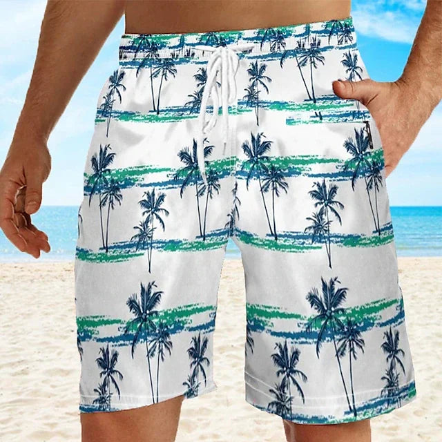 202& Summer Oversized Casual Men's Drawstring Shorts Quick Dry Hawaii Holiday Sports Swimming Trunks Coconut Tree Printed Shorts