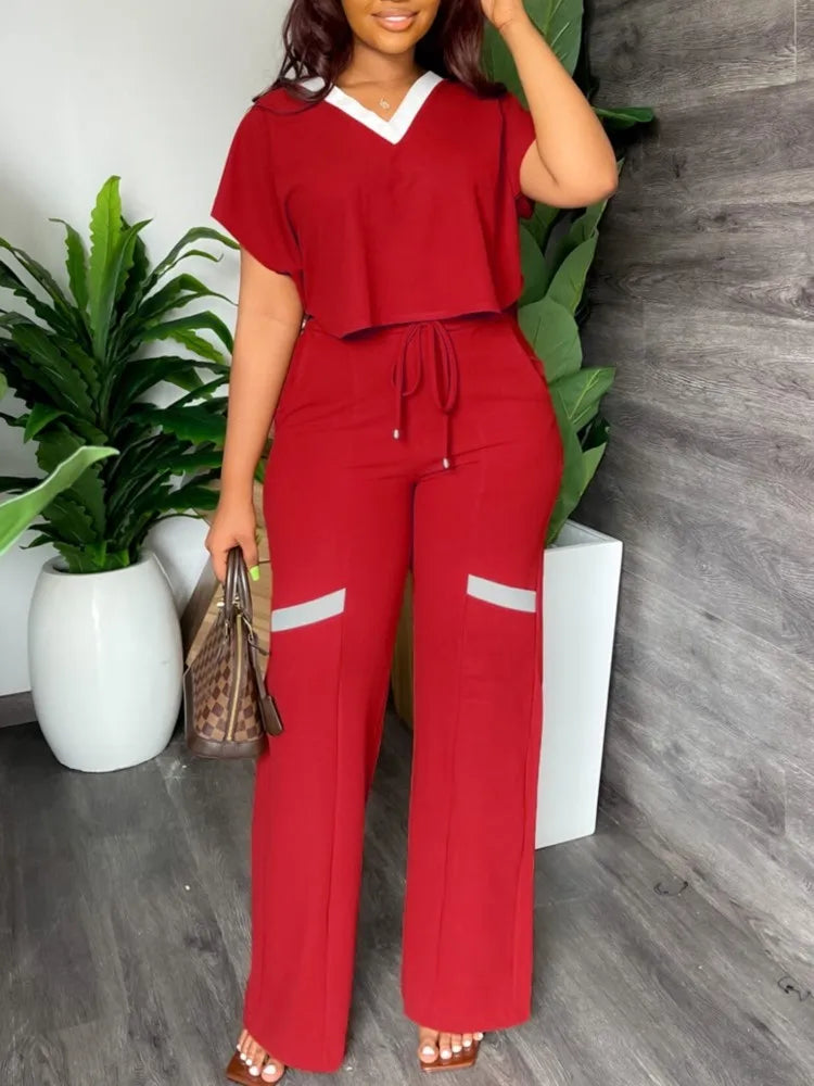 Elegant Women's Casual Short Sleeve T-shirt Sports Suit Summer Fashion Solid V Neck Short Top & Straight Pants Two Piece Sets somè