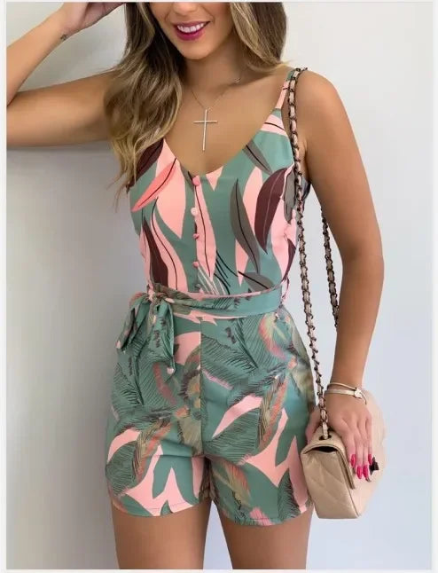 202& Summer New Women's V-neck Strap Fashion Leaf Print Stripe Strap Shorts Suit Female Jumpsuit Set