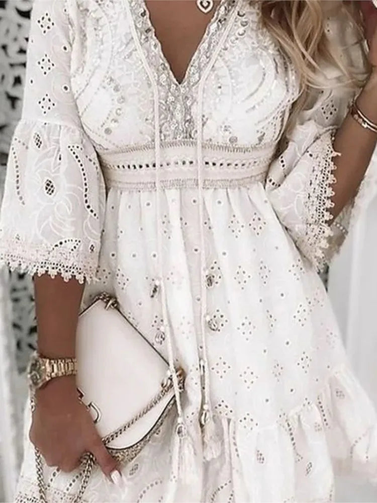 Elegant Women White Hollow Lace Mini Dress Summer V-neck Patchwork Lace Up Three Quarter Sleeve Ladies Vacation Beach Dresses somè