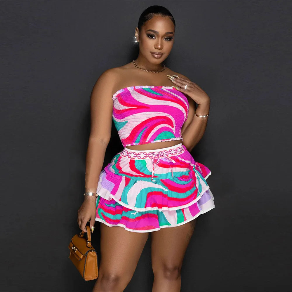 Women Two Pieces Set Printed Sleeveless Backless Breast Wrap Top and Pleated Mini Skirt Mini Skirt Club Party Outfits