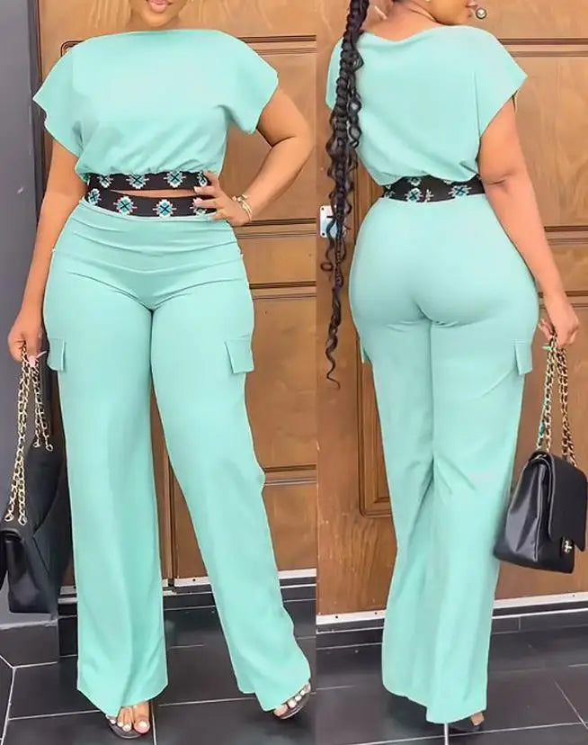 Two Piece Sets Women Outifit Summer Fashion Geometric Print Boat Neck Short Sleeve Crop Top & Casual Pocket Daily Pants Set somè