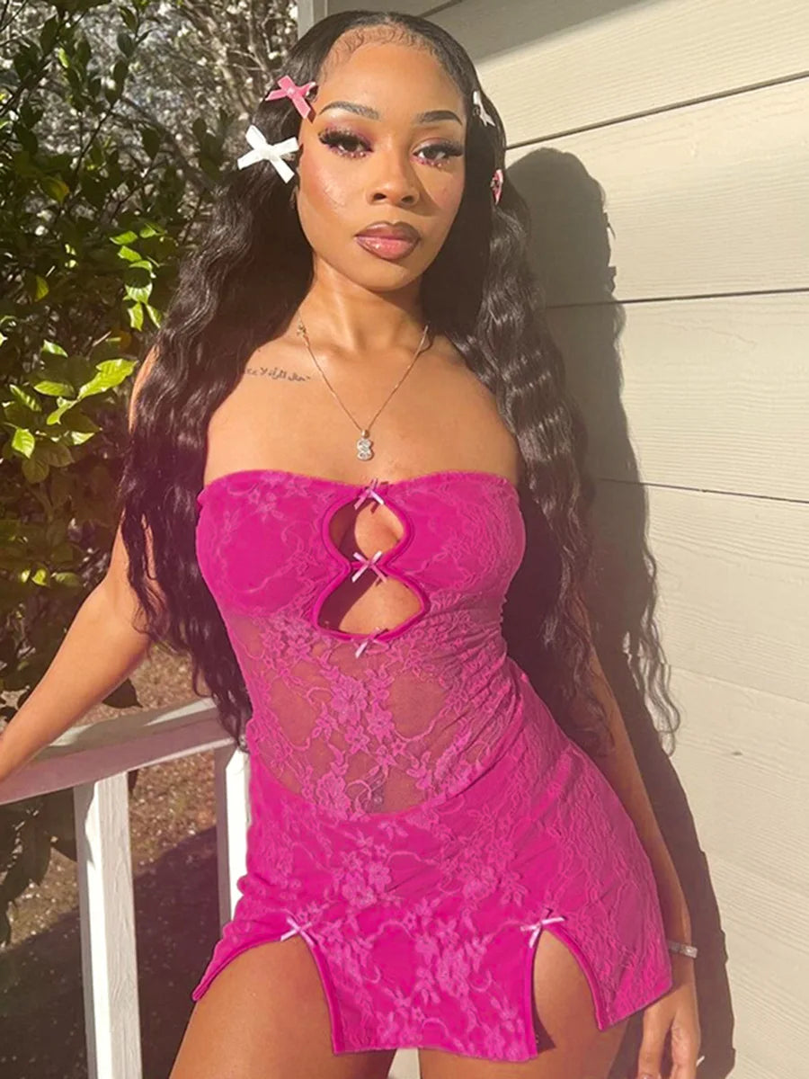 Y2K Sexy Mini Dress Women Summer Hottie Hollow Out Strapless Solid Color Pullover Dresses Streetwear  Women Clothes somè