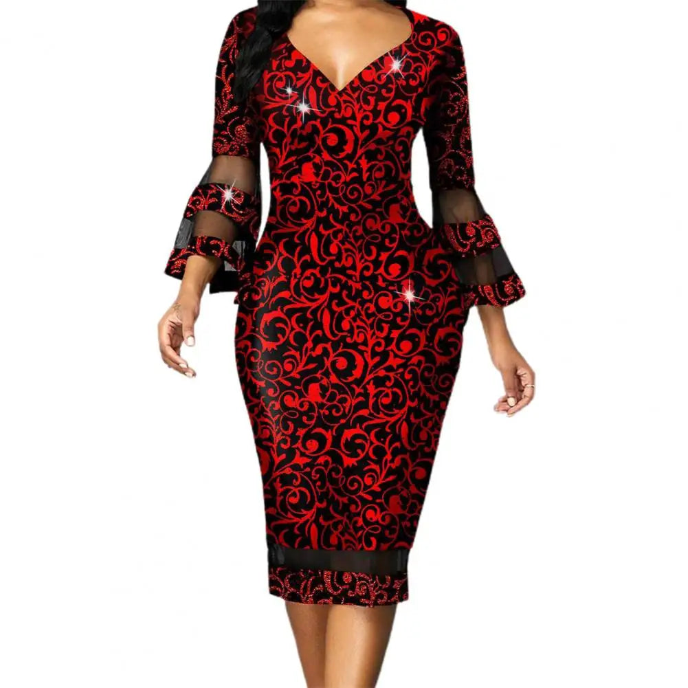 Midi Dress Beautiful Waist Tight Women Dress 3/4 Flare Sleeve Elegant Skinny Dress for Daily Wear