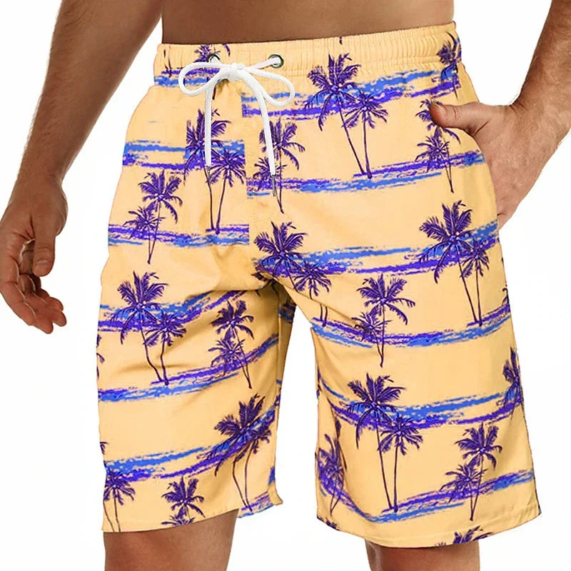 202& Summer Oversized Casual Men's Drawstring Shorts Quick Dry Hawaii Holiday Sports Swimming Trunks Coconut Tree Printed Shorts