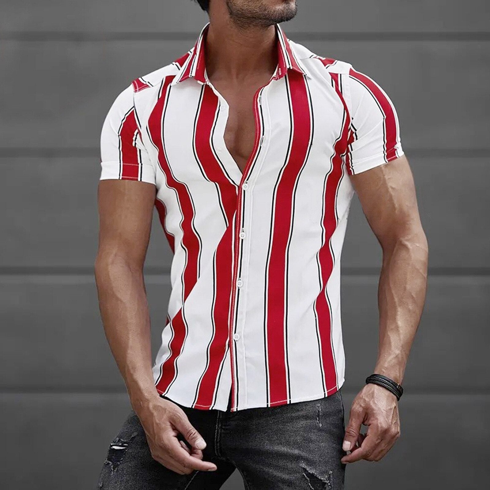 Summer New Men's Clothing Casual Men Stripes Printed Short Sleeve Turndown Collar Slim Hawaiian Shirt Cardigan Retro Trend Shirt