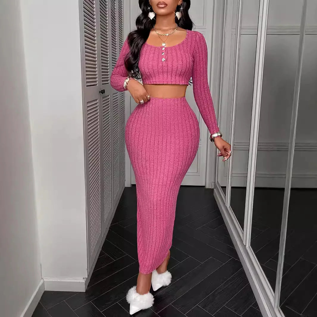 Two Piece Sets Women Skirt Set Full Sleeve Dress Sets Sexy U Neck Bodycon Short Tops Long Skirts Elegant Splice High Waist somè
